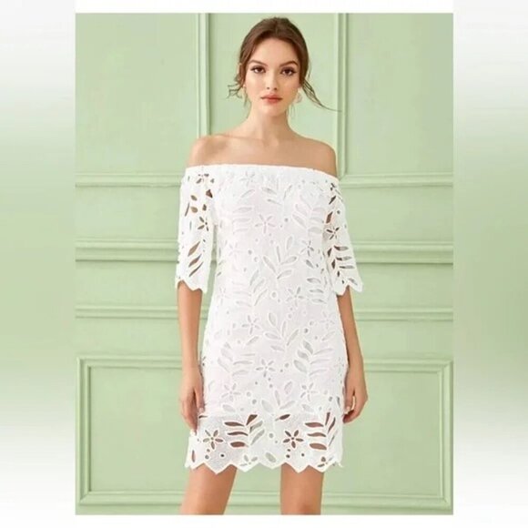 Pretty Garden Floral Lace Cutout Off Shoulder Dress NWT - Picture 2 of 10